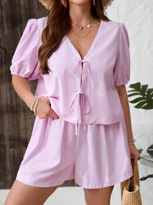 SHEIN VCAY 2pcs Plus Size Striped Puff Sleeve Tie Blouse And Casual Shorts SetSummer Outfits For Women