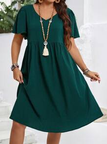 EMERY ROSE Plus Size Summer Vacation Casual Simple Solid V-Neck Ruffle Sleeve Dress ,Women Summer Clothes,Spring - Dark Green - View 4