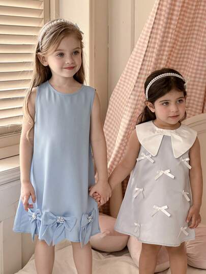 少女针织无袖纯色圆领连衣裙