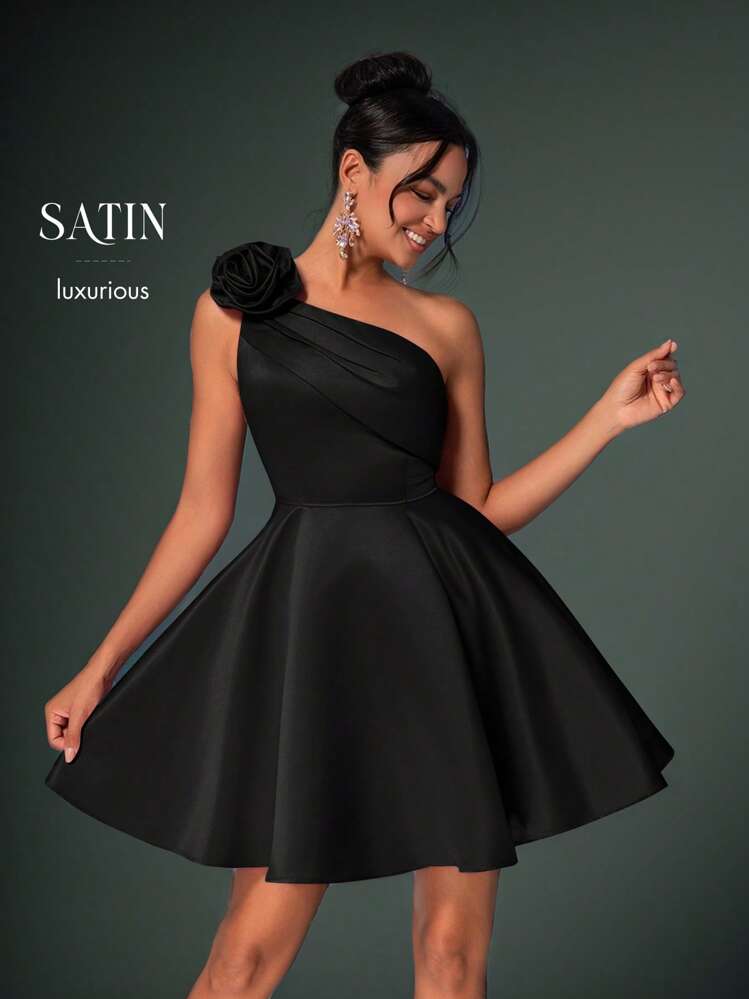 Lovelzi Váy dạ hội ngắn cổ bất đối xứng xếp nếp thêu hoa 3D màu hồng thanh lịch & lộng lẫy, váy bán trang trọng, cho sinh nhật, khách dự tiệc cưới, váy dự tiệc tốt nghiệp - màu đen - Xem 8