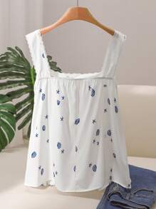 CosyJoli Camisa casual de mujer de talla grande con estampado de conchas y bordados