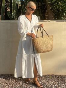 Livesso Patchwork Contrast Color Fringe Trim A-Line Dress With Princess Sleeves, Elegant Resort Style Fall Long Dress For Women,Casual Women Dresses Long Sleeve Dress