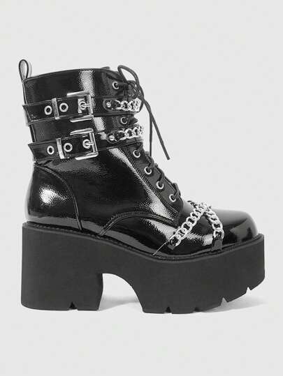 Grunge Punk بوت الكاحل للنساء بنمط بانك أنيق، سميكة الأسطح، كعب سميك، لون أسود جوتيك، رأس دائري، زينة سلسلة معدنية متقاطعة، بوت قتالية بكعب منحدر