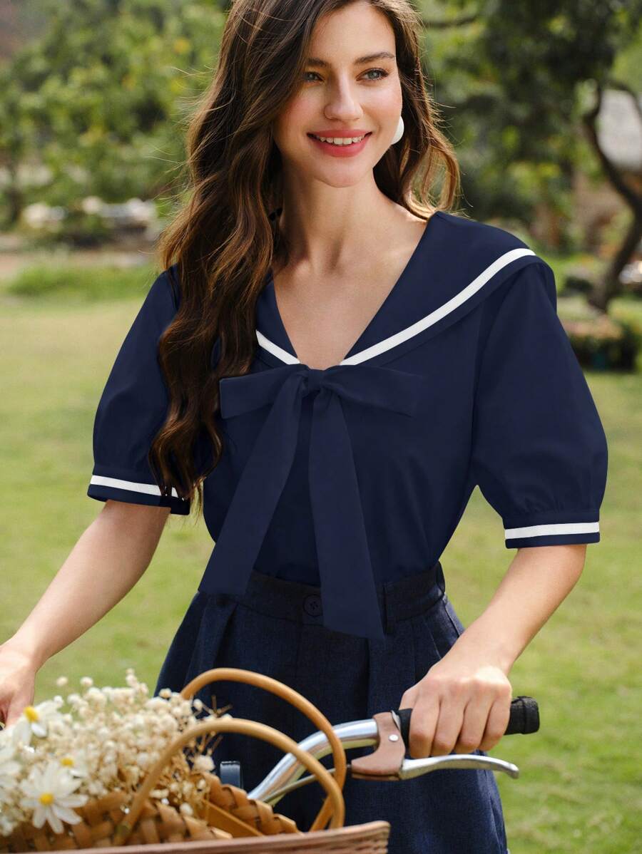 Vintamour Blusa elegante vintage para mujer, estilo marinero con contraste de color y lazo, casual para vacaciones, primavera/verano - Azul Marino - Ver 1