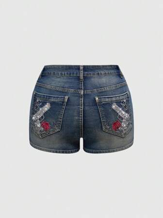 J-Fashion Shorts vaqueros de talle bajo de talla grande para mujeres con bordado de pistola y flores, estilo Y2K