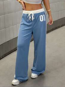 StreetHx 女式数码印花撞色腰休闲运动街头复古长款运动裤，春夏