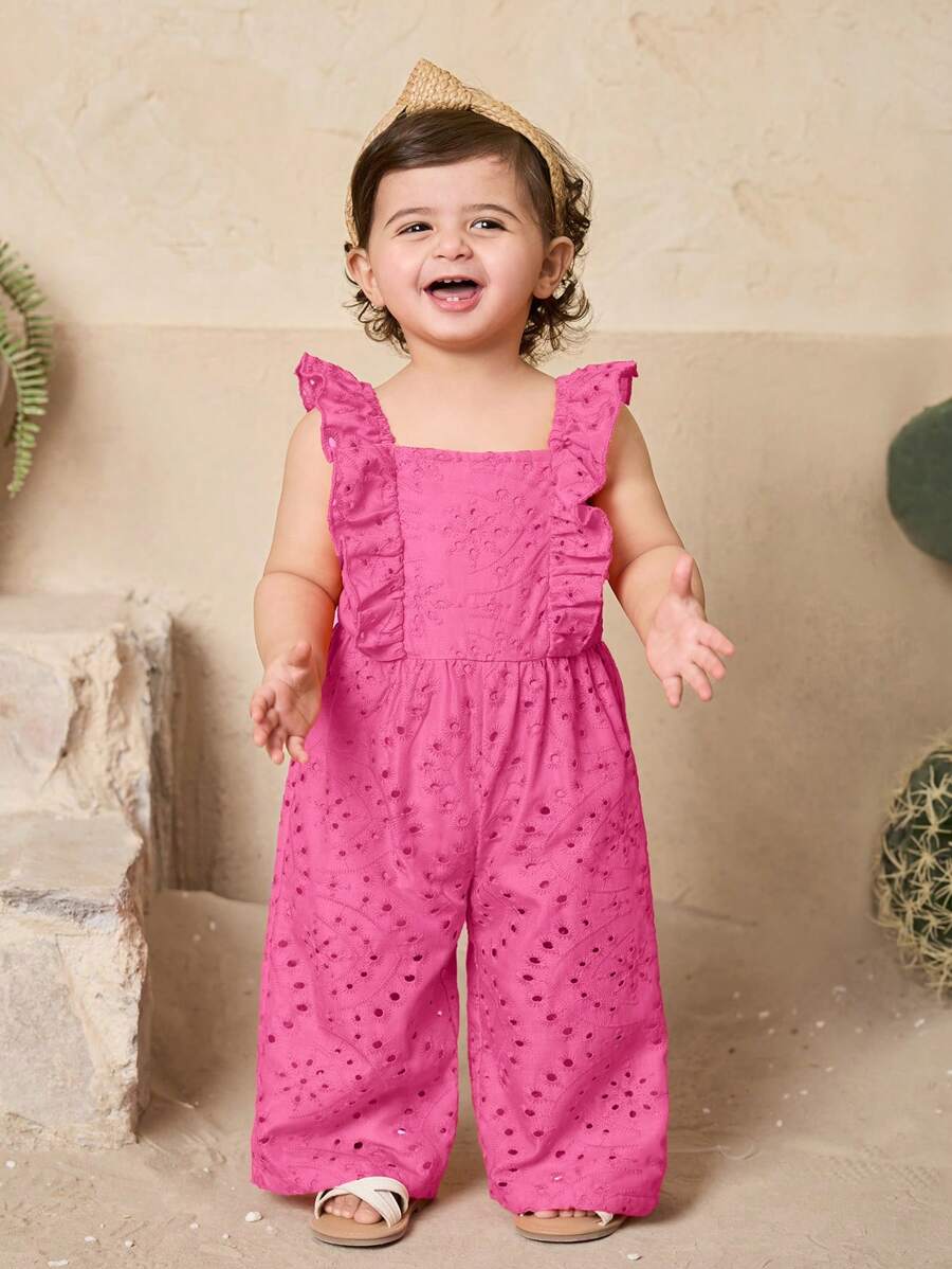SHEIN Newborn Baby Girl Cute Ruffled Embroidered Jumpsuit, Summer - Pink - View 1