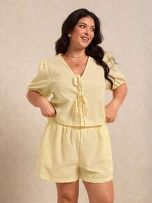 Elaquor 大码条纹衬衫和短裤套装大码条纹休闲大码女士夏季两件套，宽松，短袖衬衫和短裤，轻松别致的度假套装，格子衬衫和格子短裤，领带，7 月 4 日 - 黃色 - 查看 6