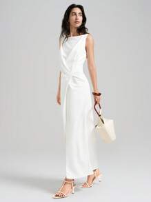 Ontre 女士教师装，7 月 4 日，度假风格，优雅款式，弹性，白色，针织面料，无袖，船领，扭纹前部细节，直下摆连衣裙，女式连衣裙，夏季服装，日常穿着