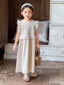 SHEIN Little Byeori 小女孩荷叶边花朵装饰泡泡袖连衣裙，韩式/日式公主风 - 卡其色 - 查看 4