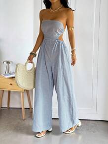 SHEIN EZwear Women's Regular Casual Blue And White Striped Tie Front Open Waist Hollow Back Tie Jumpsuit Suitable For Summer Seaside Vacation - Multicolor - View 3