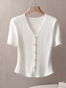 GlowEve 女式纯色V领短袖单排扣休闲T恤，夏季 - 白色 - 查看 4