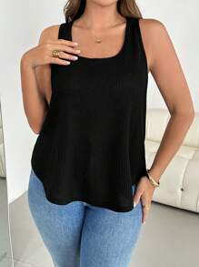 SHEIN Essnce 大码女装春夏时尚休闲宽松舒适百搭日常修身黑色华夫格上衣，外出上衣，夏季上衣，简约风格，度假穿搭