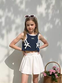 2pcs/Set Young Girl Contrast Color Trim Bow Sleeveless Top And Pleated Skirt Set - Navy Blue - View 1