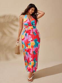 Sunserae Plus Size Women V-Neck Backless Slit Hem Printed Beach Vacation Dress