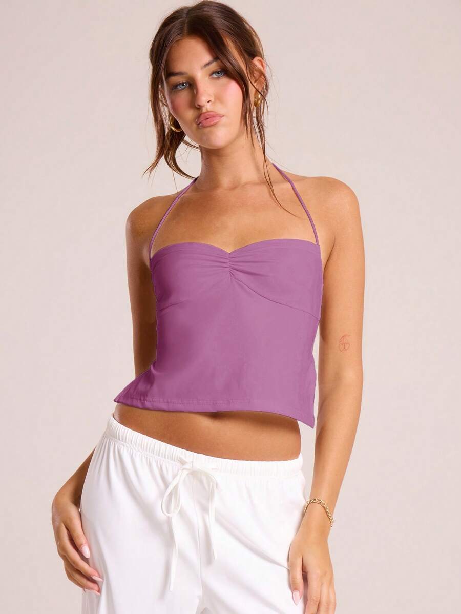 MUSERA Halter Neck Ruched Bust Front Top Classy Graduation Girly Holiday Fall Carnival Festival Spring Summer Outfit Elegant Vacation - Lilac Purple - View 1