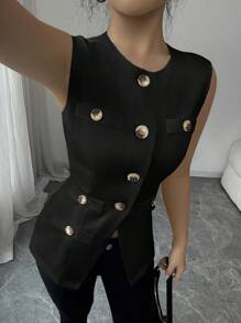 Elenzga 白色无袖法式优雅高品质简约通勤百搭舒适开襟背心，收腰，修身，春夏