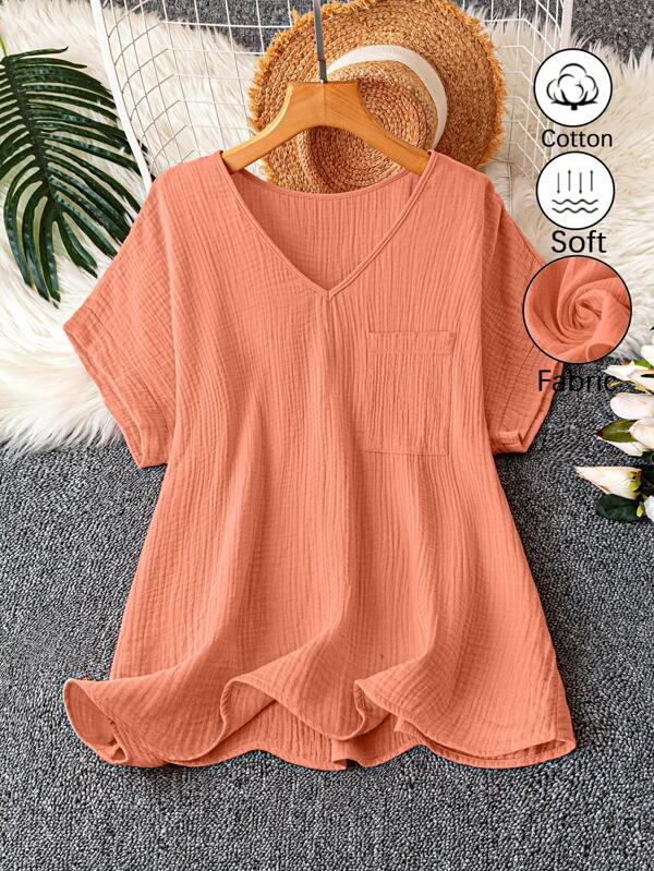 Linhara Plus Size Women's Summer Plain V-Neck Batwing Short Sleeve Pocket Casual Shirt