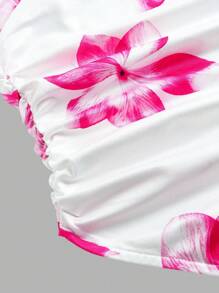 Top débardeur en tricot à fleurs asymétrique avec fronces aux épaules et ourlet pour jeunes filles, en rouge et blanc