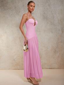 COSMINA Women's Solid Color Hollow-Out Metal Decor Sexy Halter Super Long Dress,Bodycon Dress