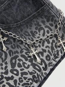 ROMWE J-Fashion Y2K Gyaru 风格豹纹金箔低腰交叉复古紧身超低腰女式牛仔短裤 - 灰色 - 查看 4