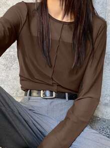 FRIFUL 女式圆领修身透明灰色罩衫，秋季服装长袖女式上衣 - 棕色 - 查看 1