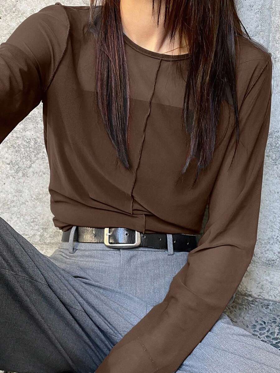 FRIFUL 女式圆领修身透明灰色罩衫，秋季服装长袖女式上衣 - 棕色 - 查看 1