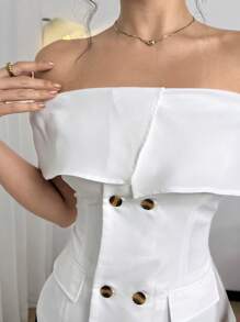 Modelyn Blusa elegante de diseño moderno con hombros descubiertos y doble botón para mujer, primavera/verano - Blanco - Ver 4