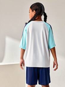 Back To School Outdoor Sports Loose Fit Short Sleeve Shorts Jersey Set, Tween Boy Clothes Children's Round Neck Patchwork Contrast Color Front Funny Letter Print Outdoor Sports Loose Fit Short Sleeve T-Shirt Jersey Set