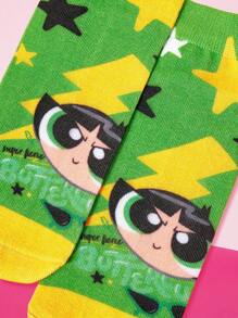 THE POWERPUFF GIRLS X SHEIN 毛茛图案酷炫闪电绿色踝袜 - 綠色 - 查看 2