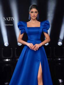 Glamrae 优雅的紫红色蓬蓬袖花卉图案夸张方领A字侧开衩连衣裙，适合约会、派对、婚礼、正式活动、舞会晚礼服、婚礼宾客、毕业典礼、晚宴、情人节等场合。 - 寶藍色 - 查看 8