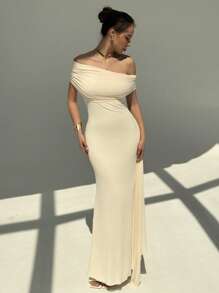 Aloruh New Ruffled Off Shoulder Mesh Bodycon Dress, Elegant Romantic Ruffle Dress For Party And Events - Apricot - View 4