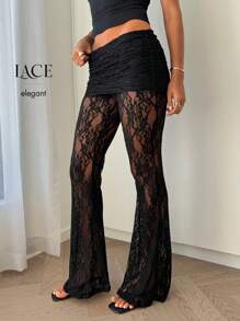 Siren Gaze Elegant And Graceful Dama Lace See-Through Culottes Women's Lace Patchwork Casual Pants For Daily Wear Black Summer - Black - View 7