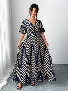 Elenzga Plus Size Women's New V-Neck Floral Print Waist Cinched Flare Maxi Dress, Casual Everyday Wear, Holiday Outfit Women Casual Dress Women Birthday Outfit Women Summer Clothing Work Summer Dresses - Multicolor - View 5