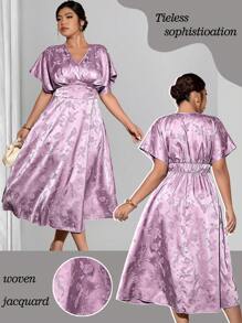 Allurite Abito elegante luccicante in tessuto jacquard con scollo a V e maniche corte, adatto per uscite, tè pomeridiano, ballo