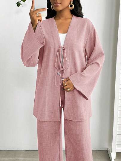 SHEIN Lady 2025 新款大码两件套女式休闲前系带长袖上衣和裤子套装，纯色大码女式两件套女士沙滩装商务休闲女式两件套休闲套装女士休闲套装女士休闲套装女士夏季服装女士夏季度假服装女士沙滩装女士婚礼宾客服装女士生日服装猎豹印花商务休闲女式生日服装女士 7 月 4 日女士