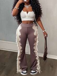 Slaydiva 2025 Summer New Arrivals, Music Festival, Western Style, Nomadic Style, Easter, St. Patrick's Day, Birthday Party, Graduation Season, Student Wear, Daily Casual, All-Match Versatile, Leisure, Vacation, Cruise Travel, Beach, Sunbathing, Fashionable, Streetwear, Ombre Print, Fringe, Flare Pants, Women Plus Size Long Pants - Brown - View 1