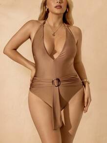 Elaquor Plus Size Solid Color Ruched Halter One-Piece Swimsuit - Yellow - View 6