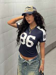 StreetHx Women's Navy Blue Number Print T-Shirt Streetwear Short Sleeve, Spring/Summer