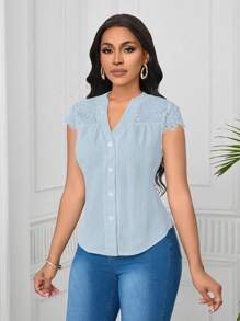 SHEIN Unity 优雅蕾丝拼布波浪条纹短袖女式衬衫 - 藍色 - 查看 5