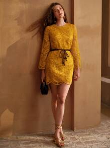 MOTF PREMIUM 刺绣网布覆盖喇叭袖短款连衣裙（配腰带） - 黃色 - 查看 5