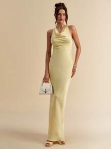 SHEIN BAE 女士夏季纯黄色垂坠领露背缎面连衣裙女士派对礼服奶油黄色连衣裙，女士夏季服装/ /女士婚礼宾客礼服/女士蜜月服装女士派对礼服，女士俱乐部服装性感 - 黃色 - 查看 3