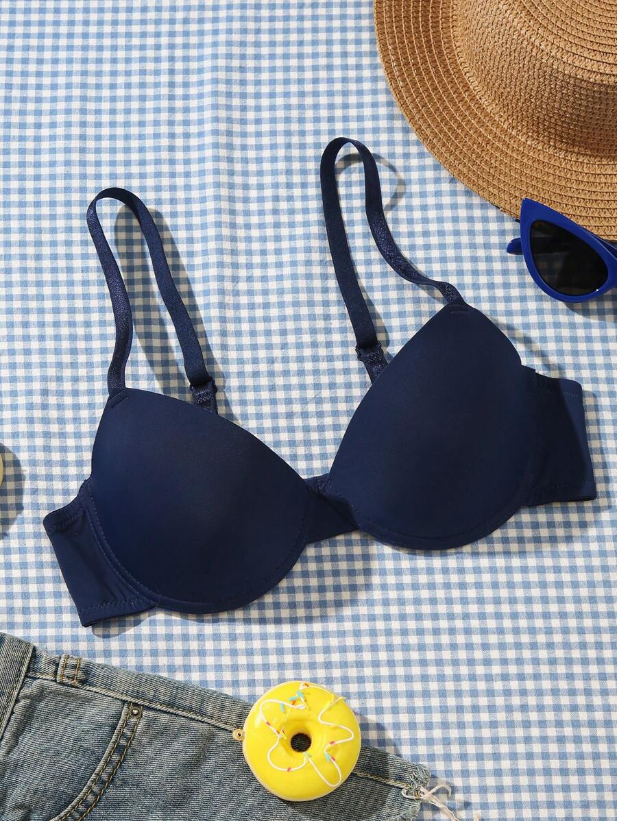 1pc Women's Solid Color Front Closure Bra With Steel Hoops, Summer - Navy Blue - View 1