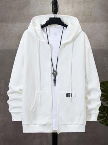 Manfinity Homme Plus Size Men's Solid Color Pocket Zipper Hoodie Sweatshirt, Fall