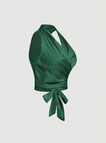 SHEIN MOD 大码女式复古杏色无袖结背心 - 墨綠色 - 查看 5