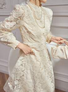 DAZY 女士优雅蕾丝泡泡袖立领中长连衣裙，春秋季长袖连衣裙 - 米色 - 查看 10