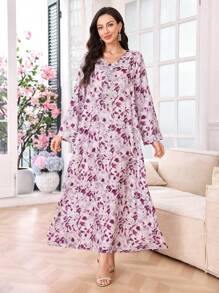Al Najma 女式花卉印花V领长袖宽松连衣裙 - 紫色 - 查看 3