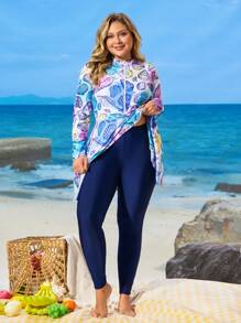 Swim Shayni Plus Size Women's 2 Pieces Modest Swimsuit With Long Sleeve And Pants, Middle Eastern Muslim Style, Ocean Shell Digital Print, Front Zipper Design, For Beach Party And Vacation For Summer