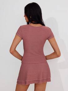 Roylia Women Summer Elegant Round Neck Short Sleeve Drawstring Waist Fitted Crop Top & High-Low Layered Skirt 2pcs Set