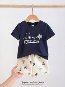 Cozy Pixies 2pcs Baby Boy Coconut Tree Pattern Knitted Soft Round Neck Short Sleeve Top And Elastic Waist Shorts Set